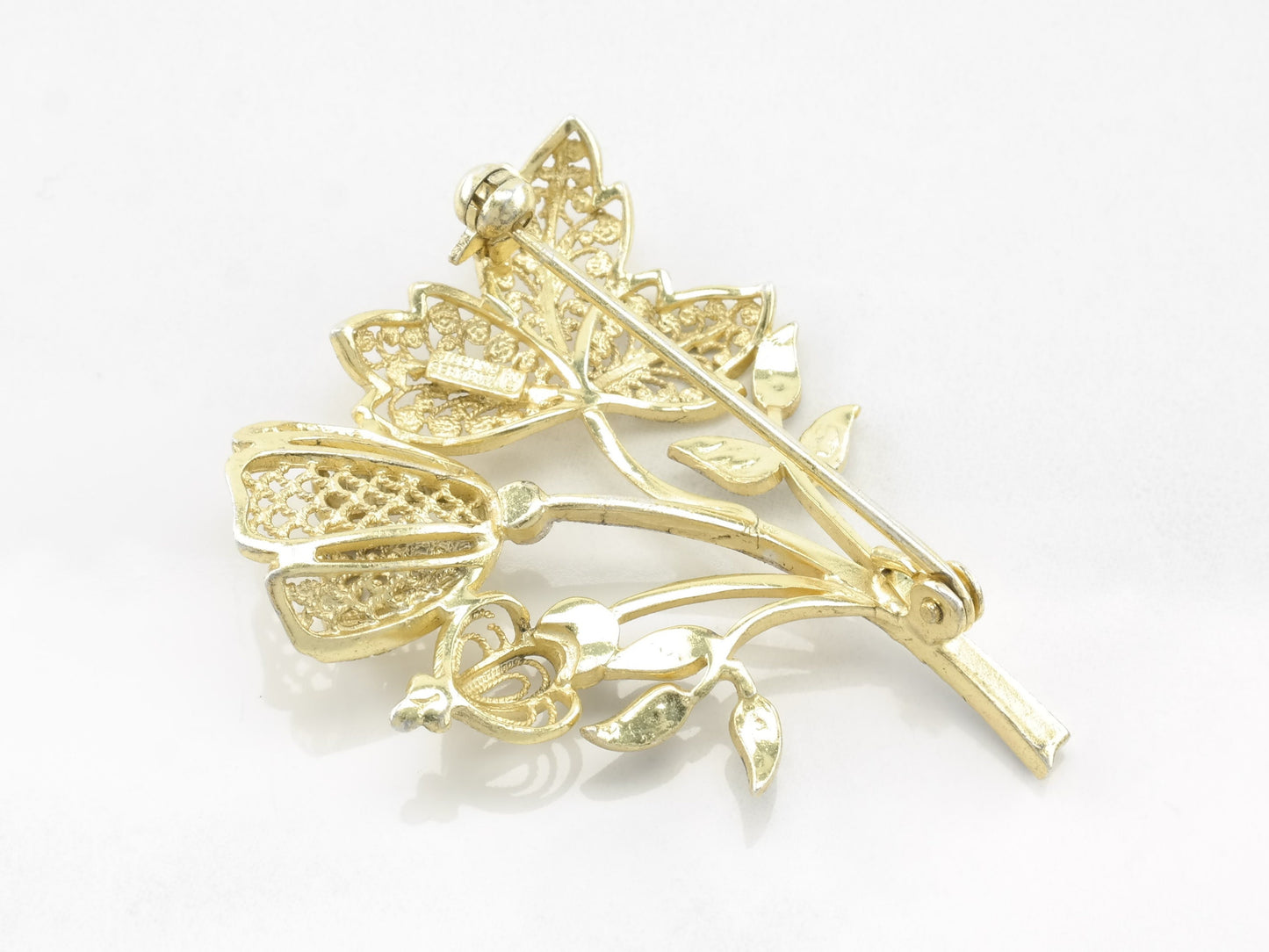 Sterling Silver Vintage Flower Brooch Marcasite Gold Hue