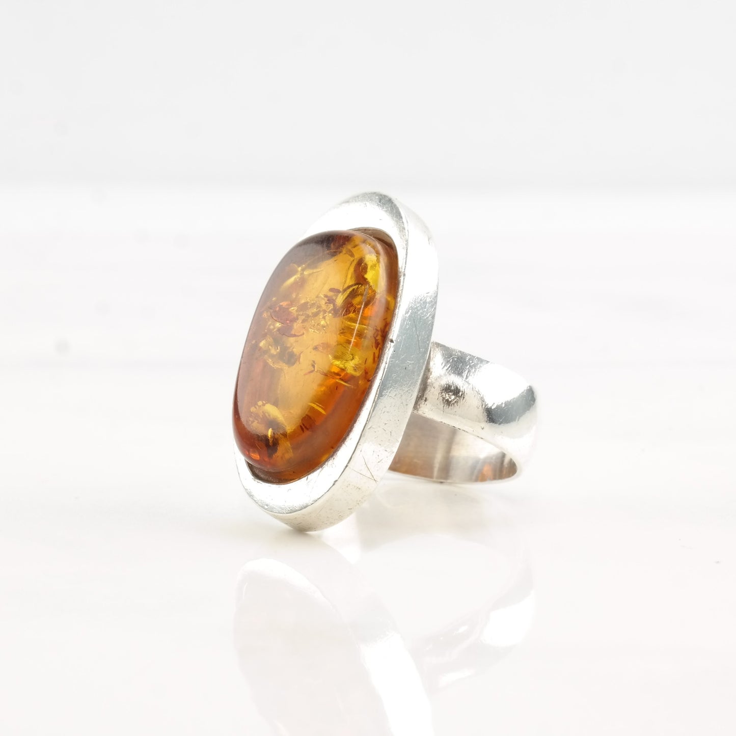 Vintage European Silver Ring Amber Oval Sterling Size 6 1/4