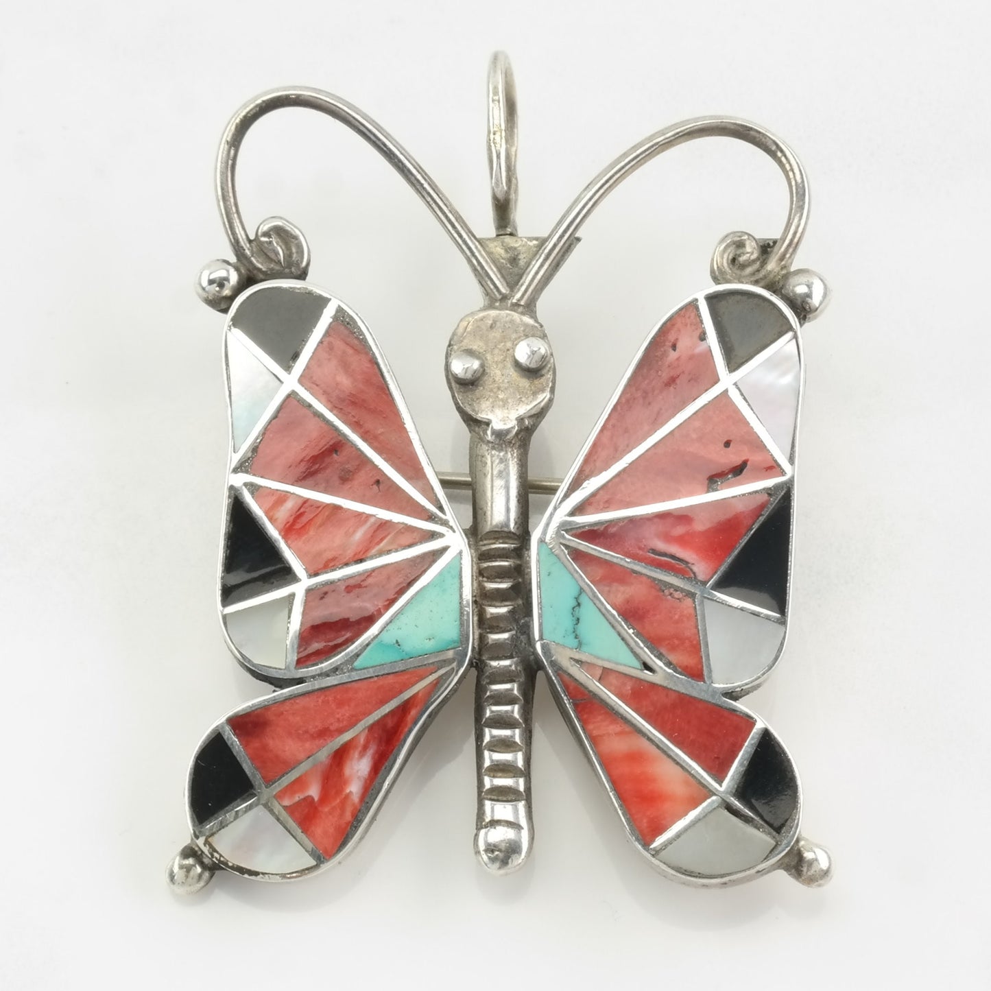 Native American Sterling Silver Butterfly Brooch & Pendant, Oyster and Turquoise Inlay