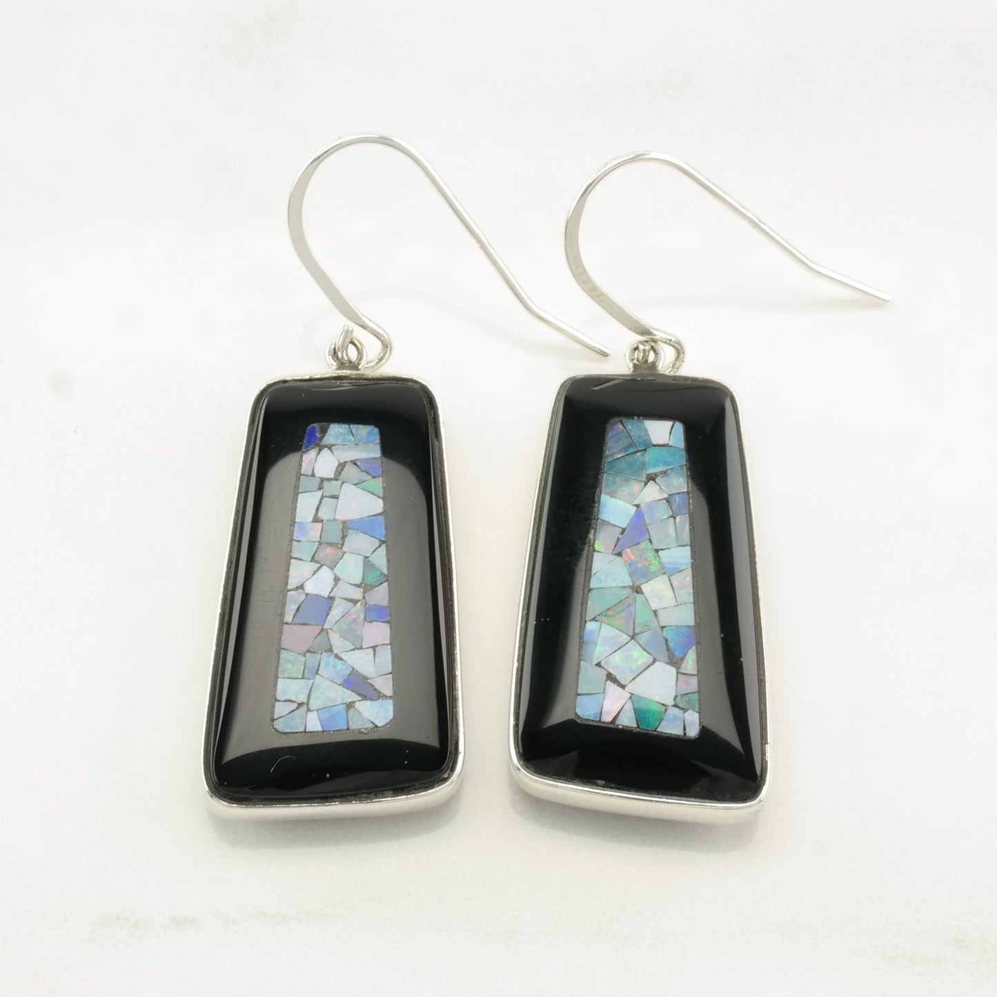 Sterling Silver Onyx, Opal Mosaic Inlay Earrings Fish hook/Dangle