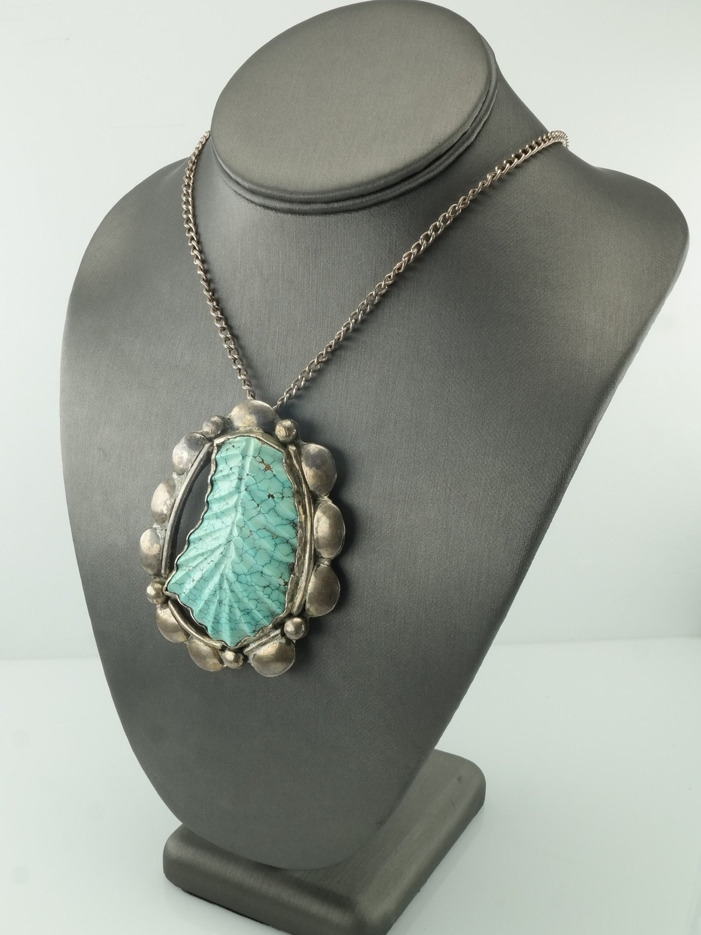 Vintage Native American Sterling Silver Blue Spiderweb Carved Turquoise Leaf Necklace