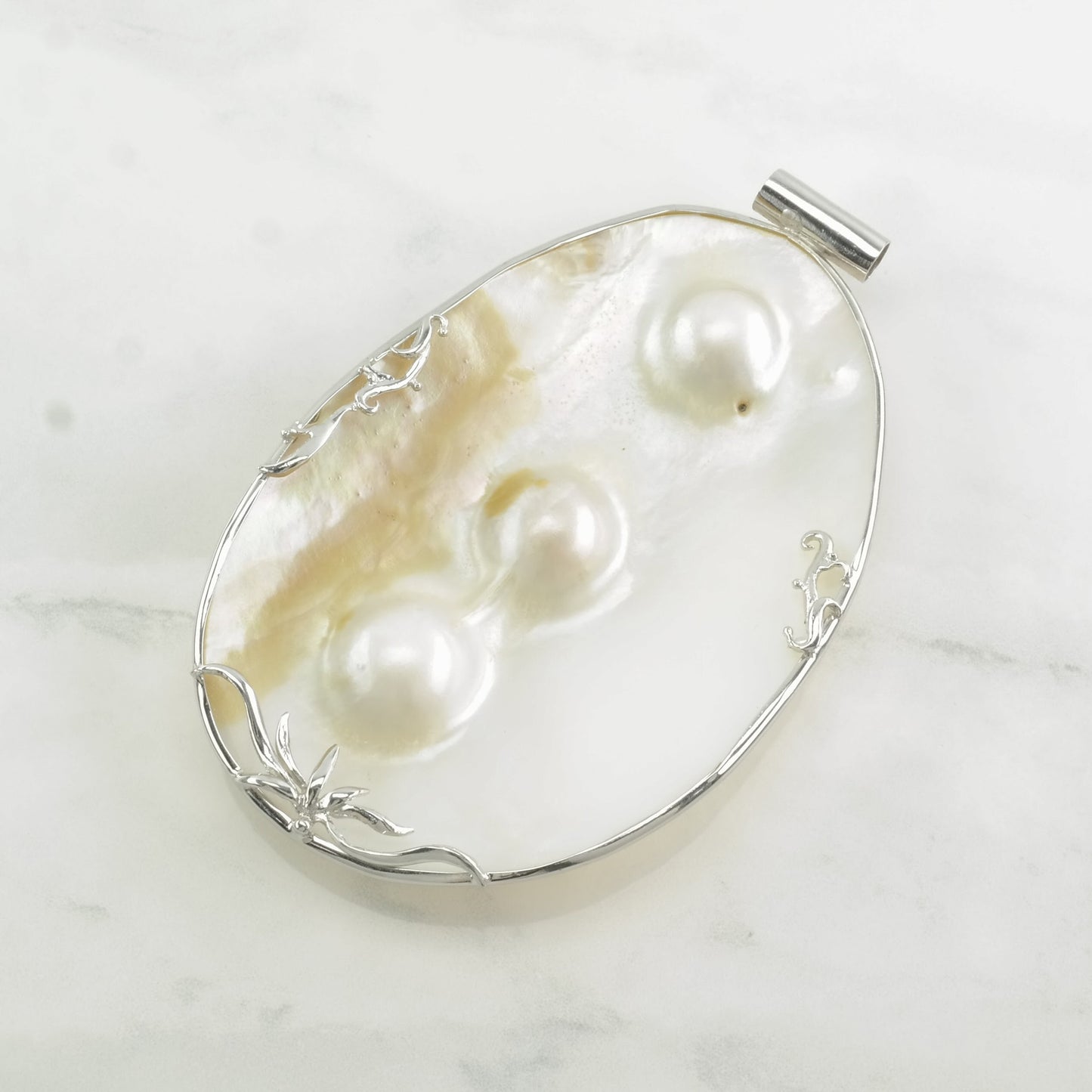 Vintage Modernist MOP, Reversible Shell, Huge Sterling Silver Pendant
