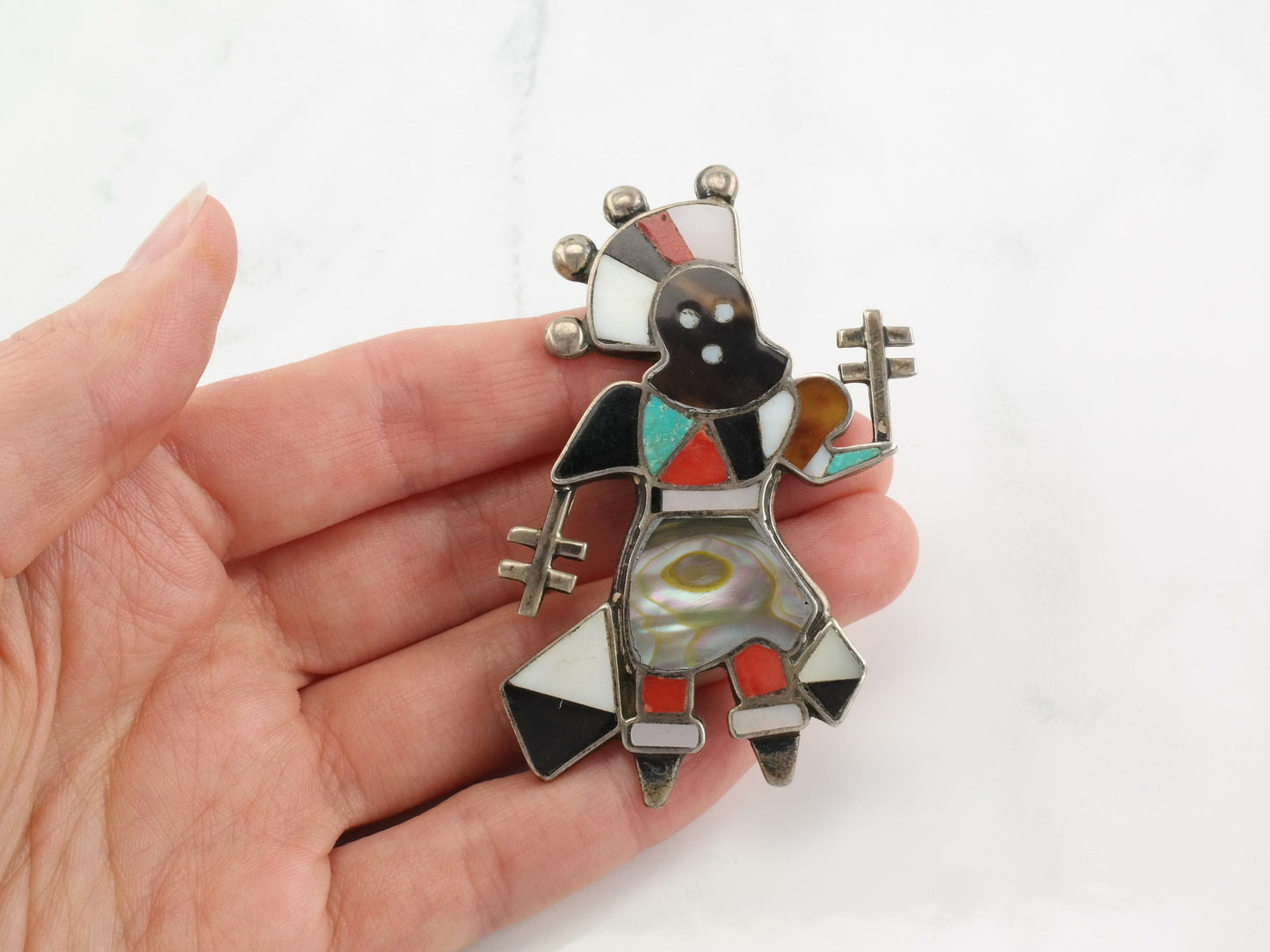 Zuni Brooch Crown Dancer Multi Stone Inlay Sterling Silver