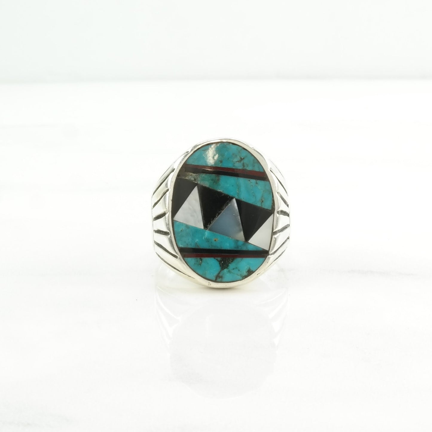Vintage Native American Silver Ring Turquoise, Onyx, MOP Inlay Sterling Blue, Black, White Size 12 3/4