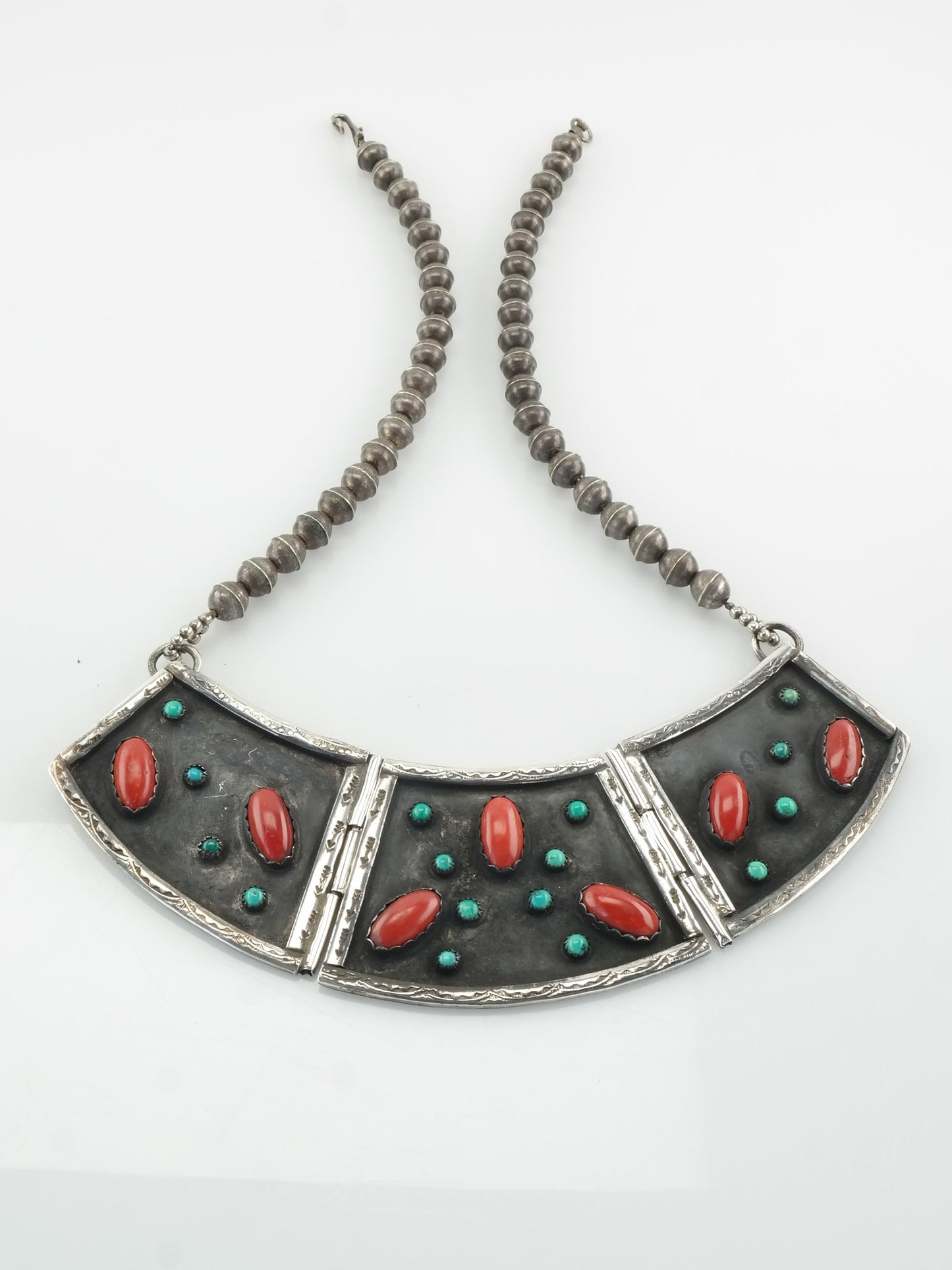 Native American Sterling Silver Turquoise Coral Plaque Cluster Necklace