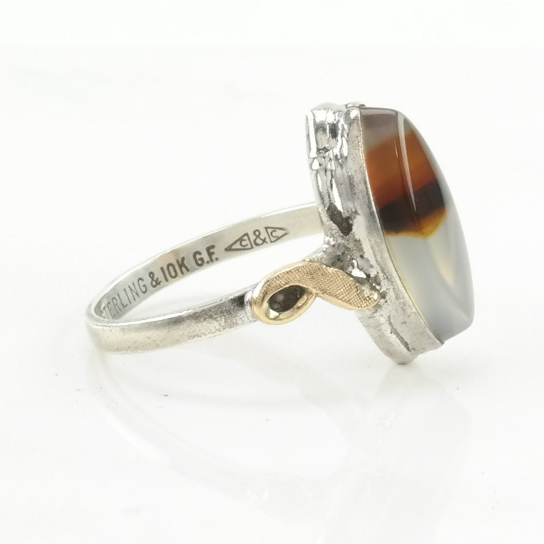 Vintage Art Deco Silver Ring Dendritic Agate Navette Sterling Size 6