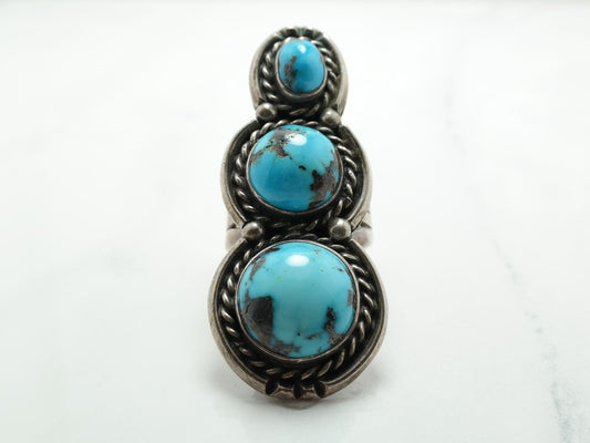 Vintage Native American Sterling Silver Turquoise Ring, Size 7 3/4, 1970s Southwestern Jewelry, Boho Statement Ring, Three Stone Ring