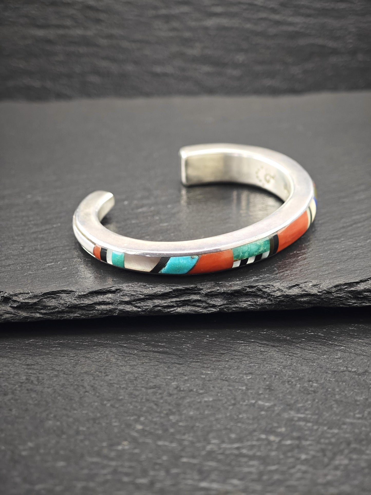 Signed Native American Inlay, Cuff Bracelet Sterling Silver