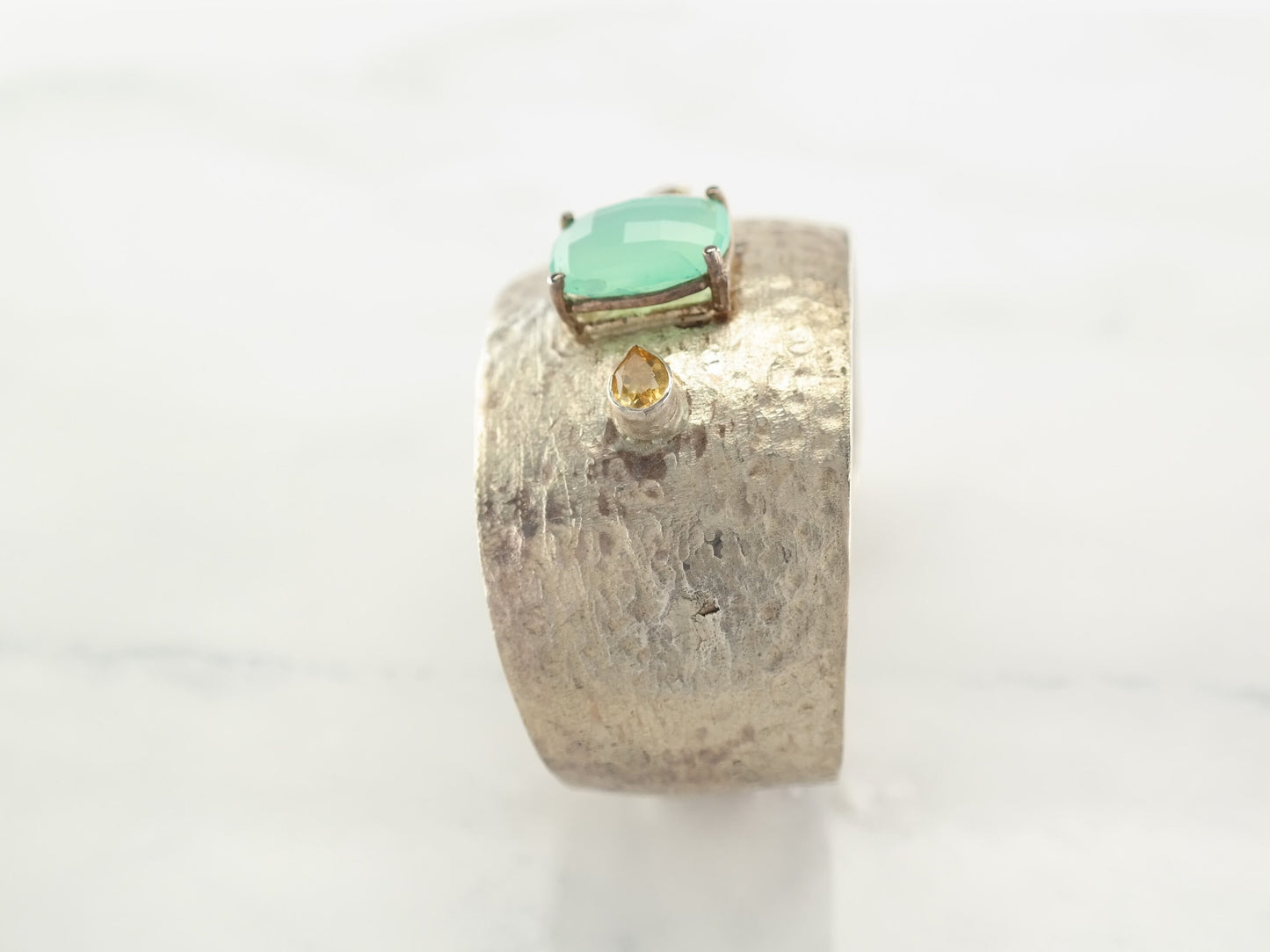 Vintage Hammered Sterling Silver Cuff with Citrine and Chalcedony