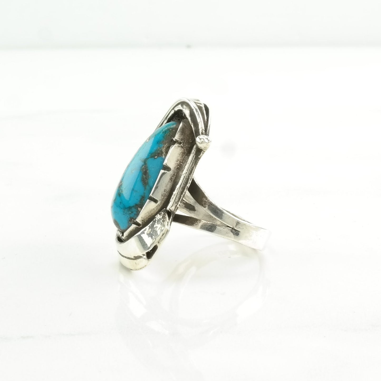 Vintage Southwest Silver Ring Turquoise Leaf Sterling Blue Size 7 1/2