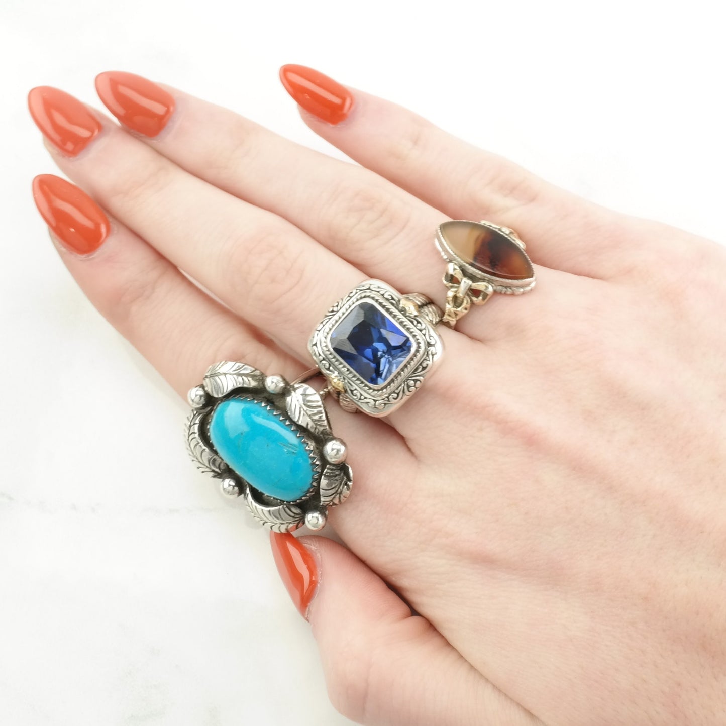 Vintage Native American Silver Ring Turquoise Leaf, Large Sterling Blue Size 6 1/2