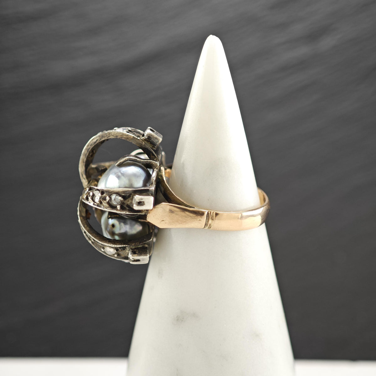 Mid-Century Rosecut Diamond, Pearl 10K Gold & Silver Ring Sz 6 R6775