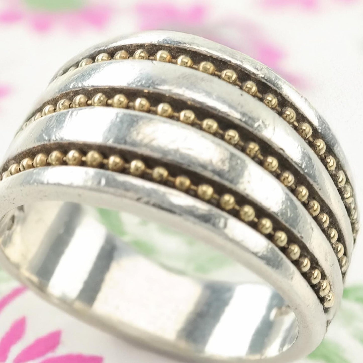 18k Gold Accent, Sterling Silver Ring Size 7 1/4