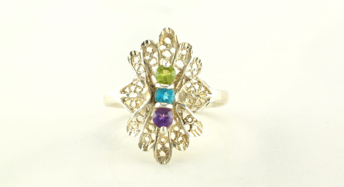Multi-color Gemstone Silver Ring Size 8 Vintage Filigree Sterling