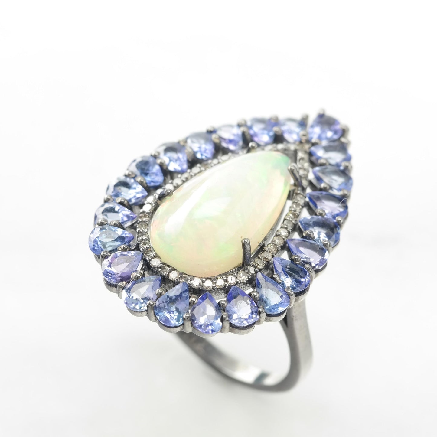 Oxidized Opal Tanzanite Diamond Silver Ring, Sterling