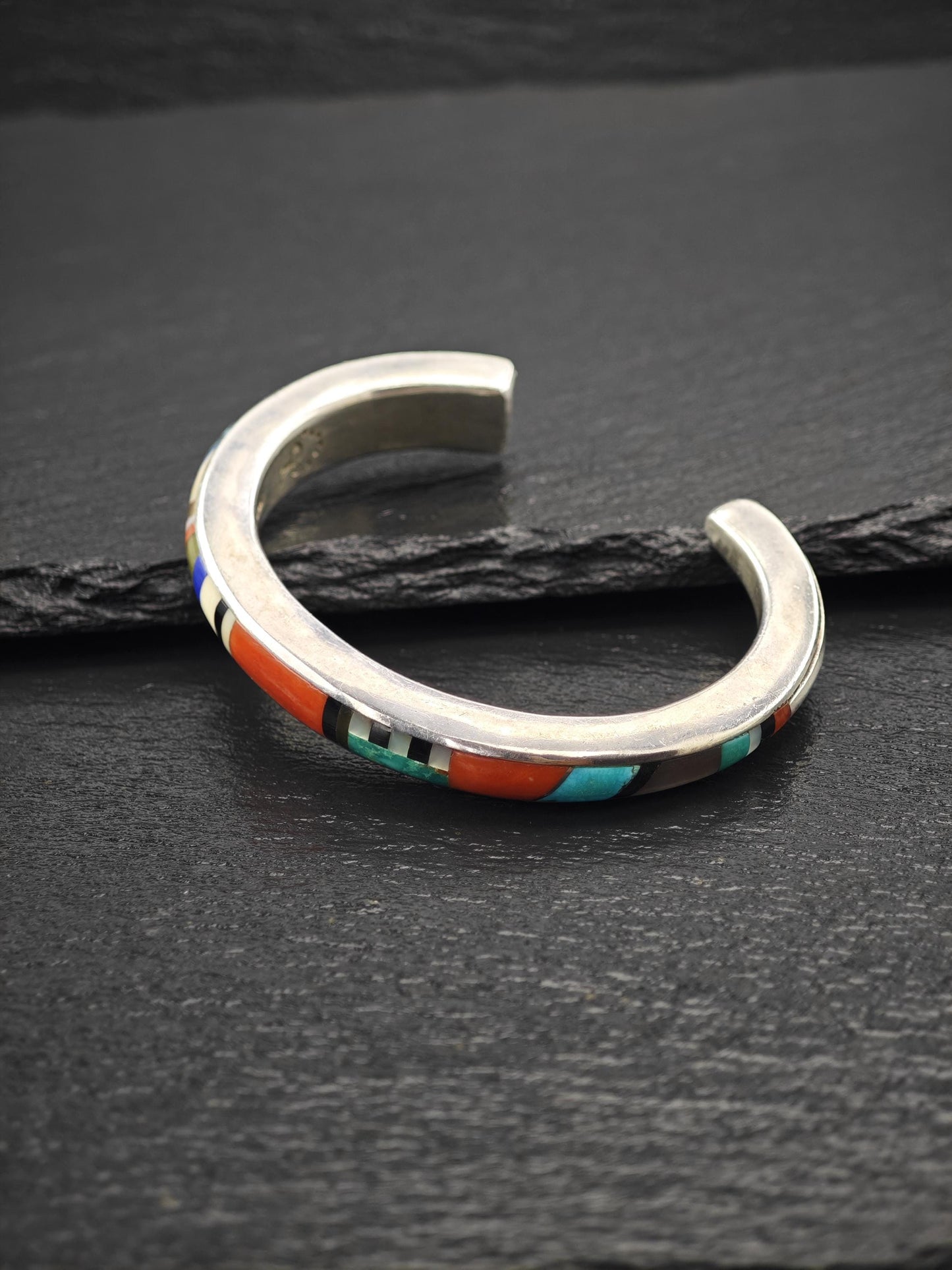 Signed Native American Inlay, Cuff Bracelet Sterling Silver