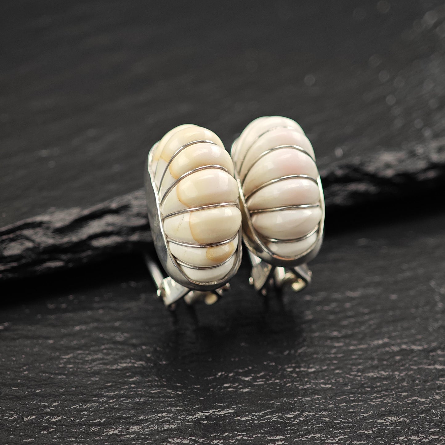 Cerro Blanco White Shell Scallop Earrings in Sterling Silver - Elegant Omega Back Design