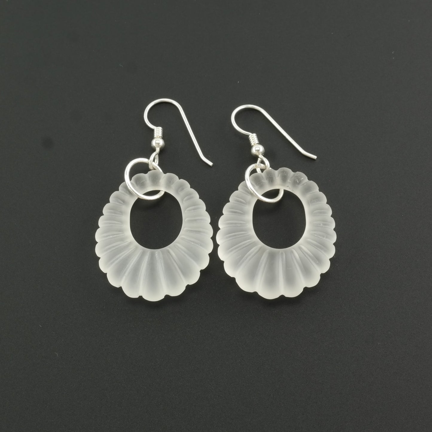 Vintage Sterling Silver Fish hook, dangle Earrings White Sand Blasted, Rock Crystal