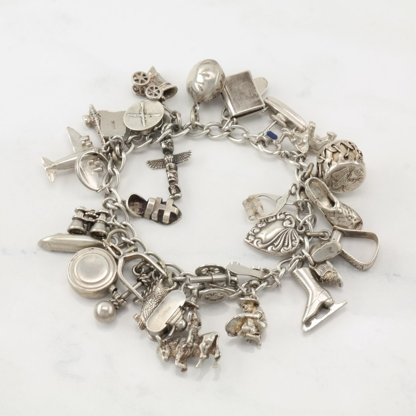 WWII Era Sterling Silver 32 Charms Bracelet Western, Military & Misc