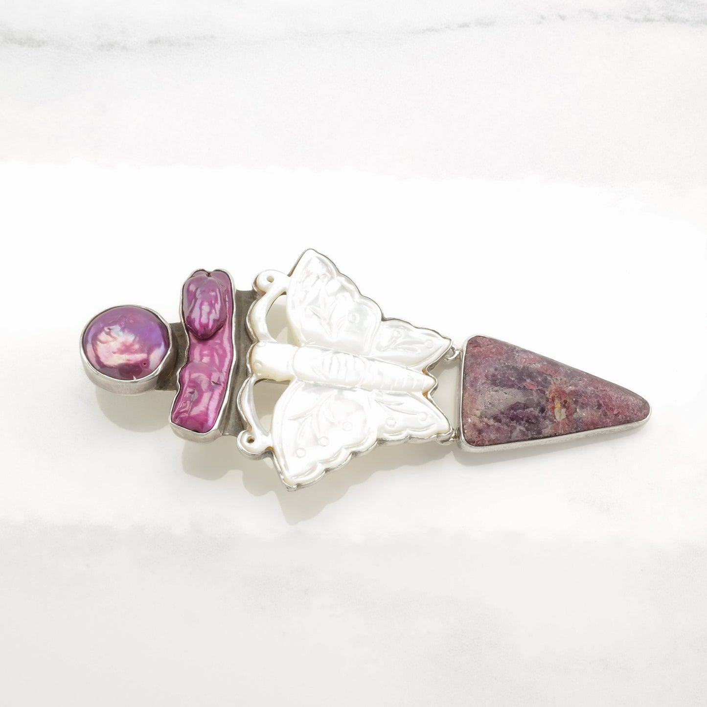 Vintage AKR Sterling Silver, Carved Mother-of-Pearl Butterfly, Sugilite, and Freshwater Pearl Pendant, Designer Signed, Statement Pendant