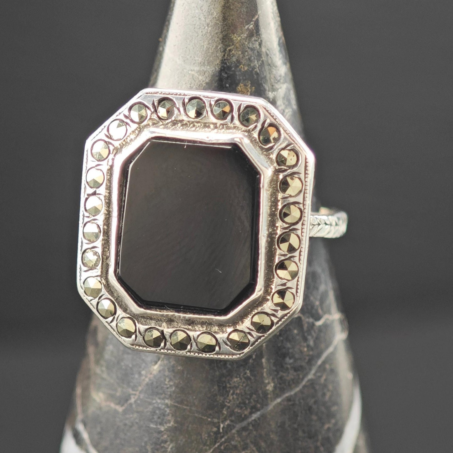 Art Deco Style, Squared Onyx Marcasite Ring Sterling Silver