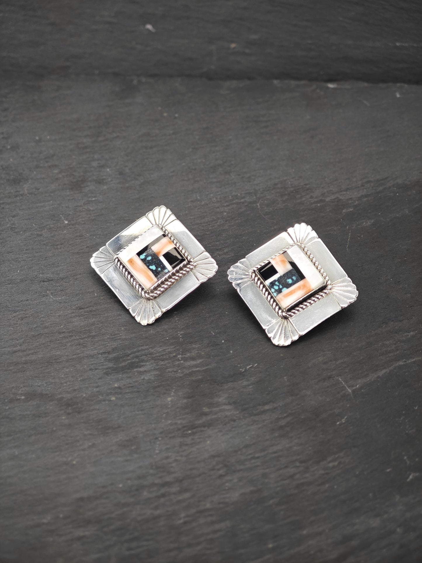 Vintage Inlay Sterling Silver Stud Earrings