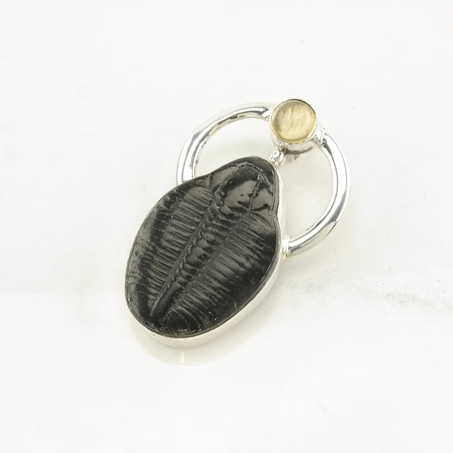 Vintage Sj Trilobite Fossil Citrine Sterling Silver Pendant