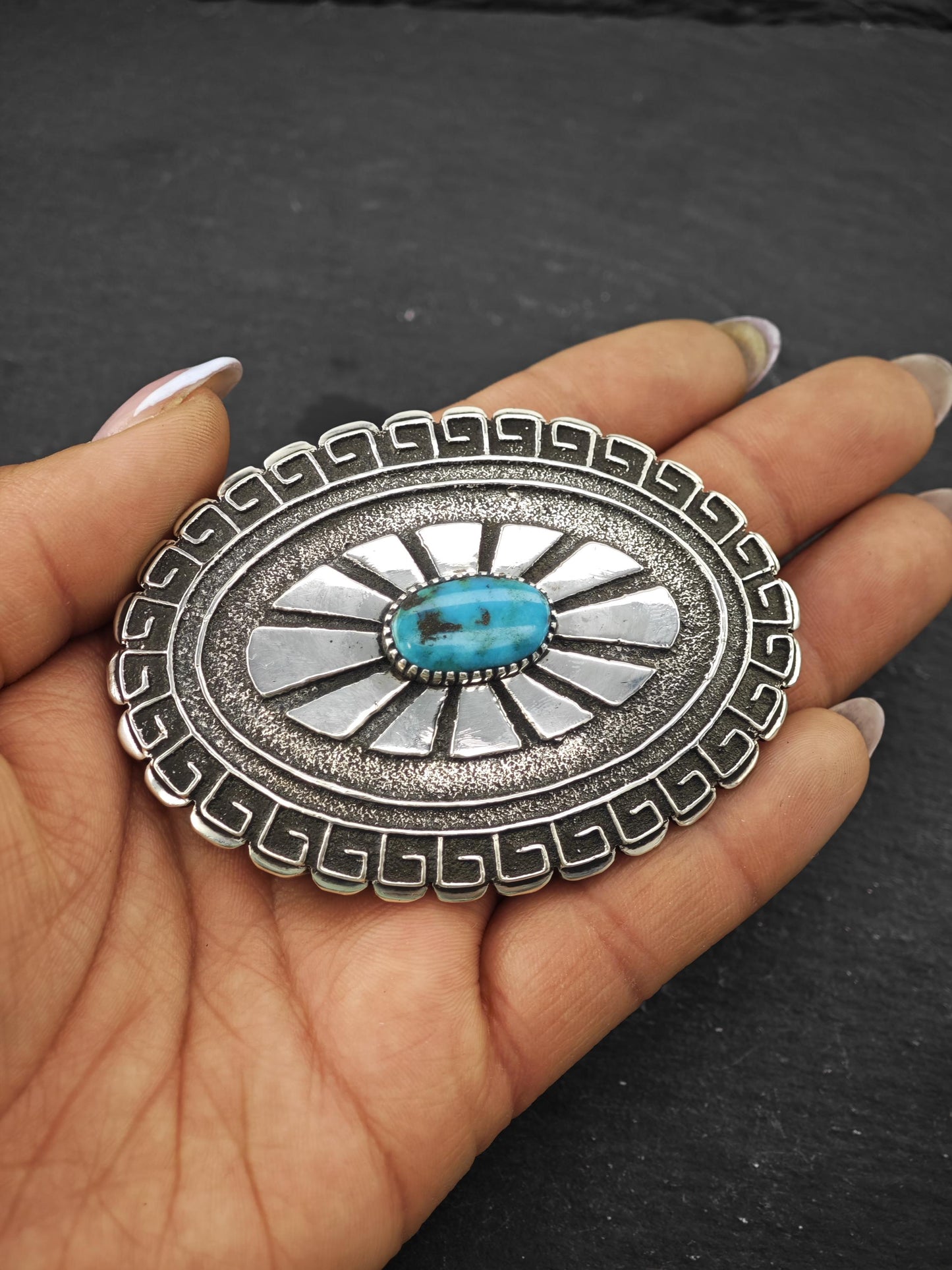 Signed Native American, Tufa Cast Belt Buckle Sterling Silver