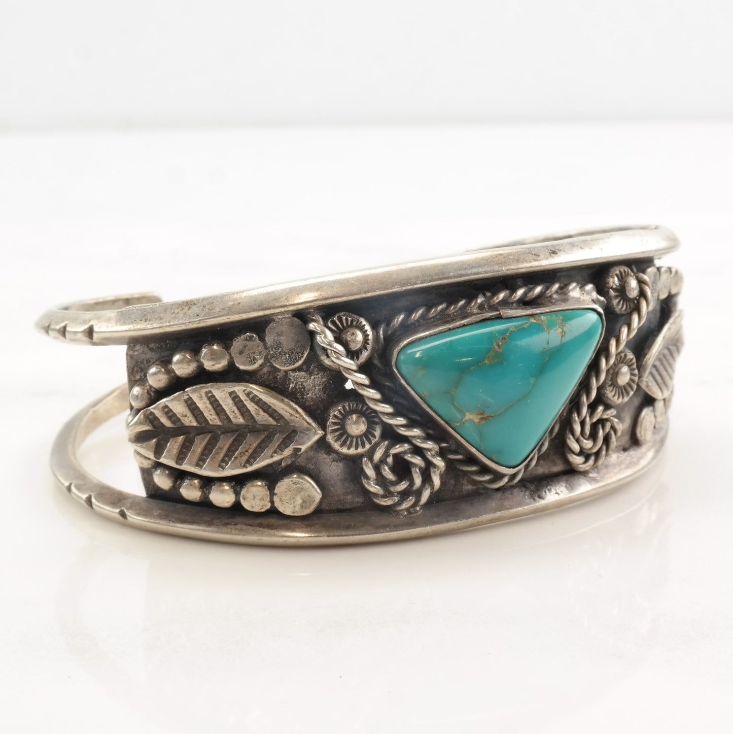 Native American Sterling Silver Turquoise Leaf Triangle Cuff Bracelet