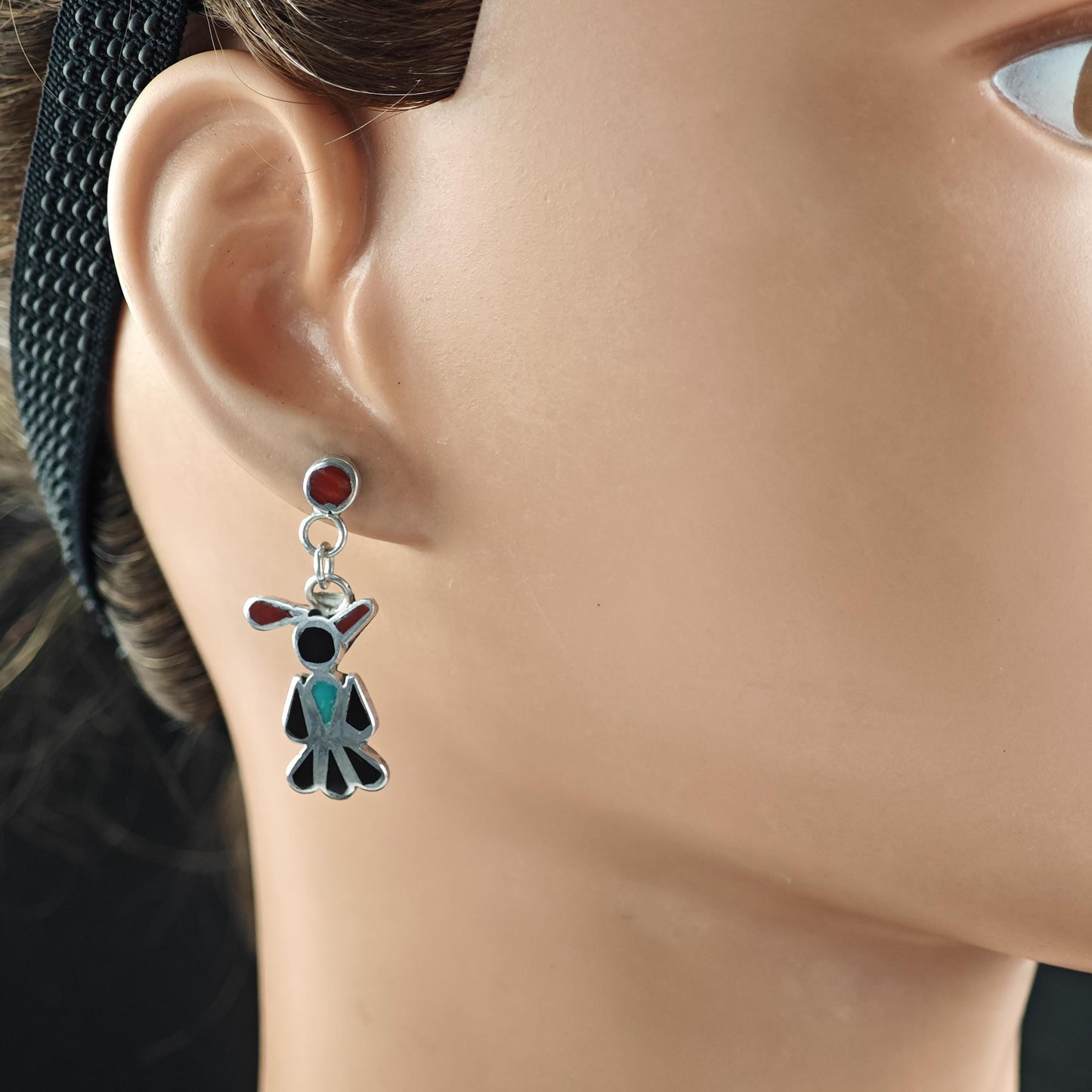 Zuni, Native American Inlay, Turquoise, Coral, Jet Thunderbird Stud/Dangle Earrings Sterling Silver