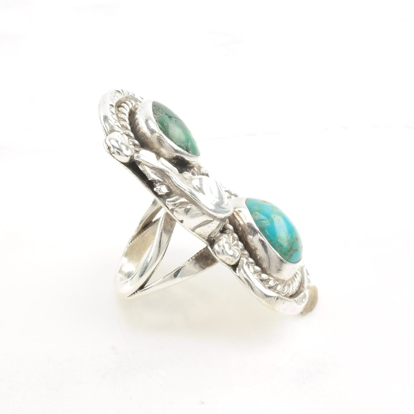 Vintage Native American Silver Ring Two Turquoise Leaf Size 6 3/4