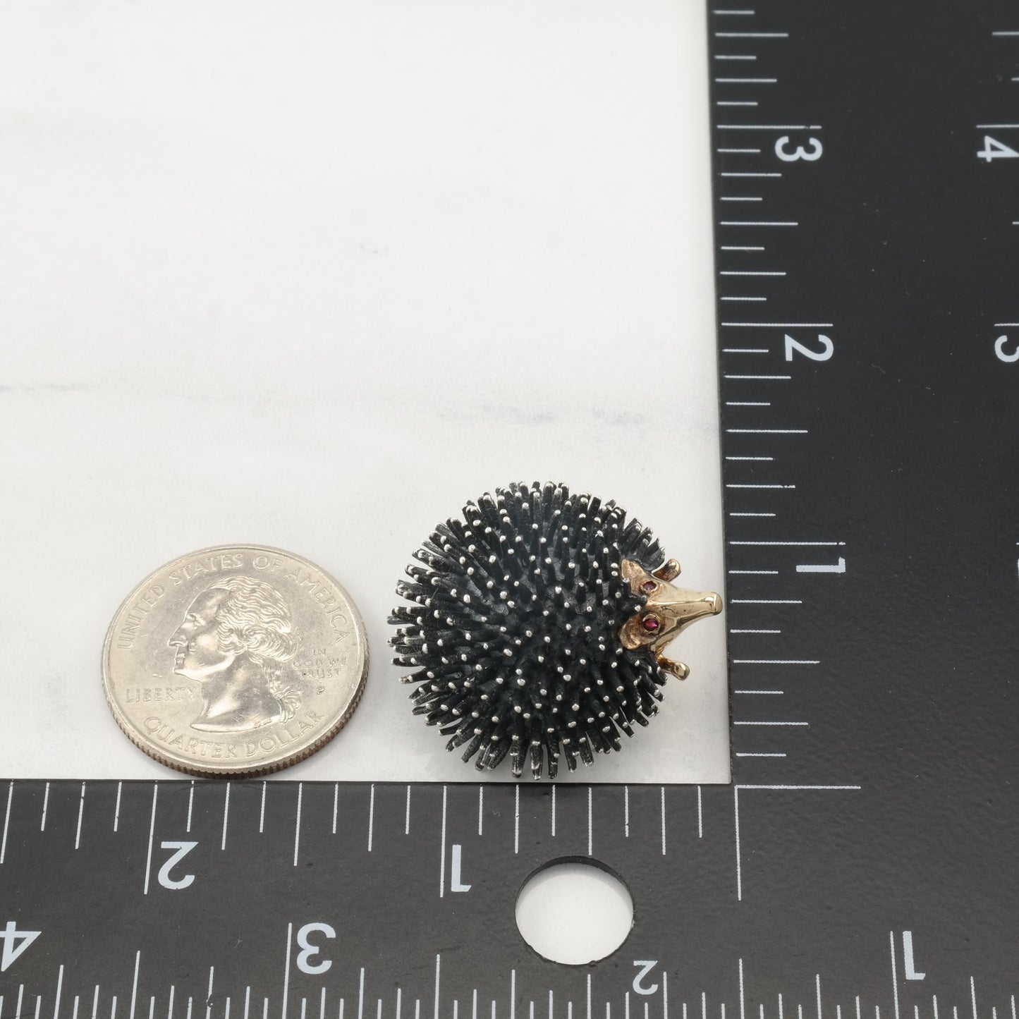 WE, Signed 14k Gold Accent Sterling Silver Ruby Hedgehog Brooch