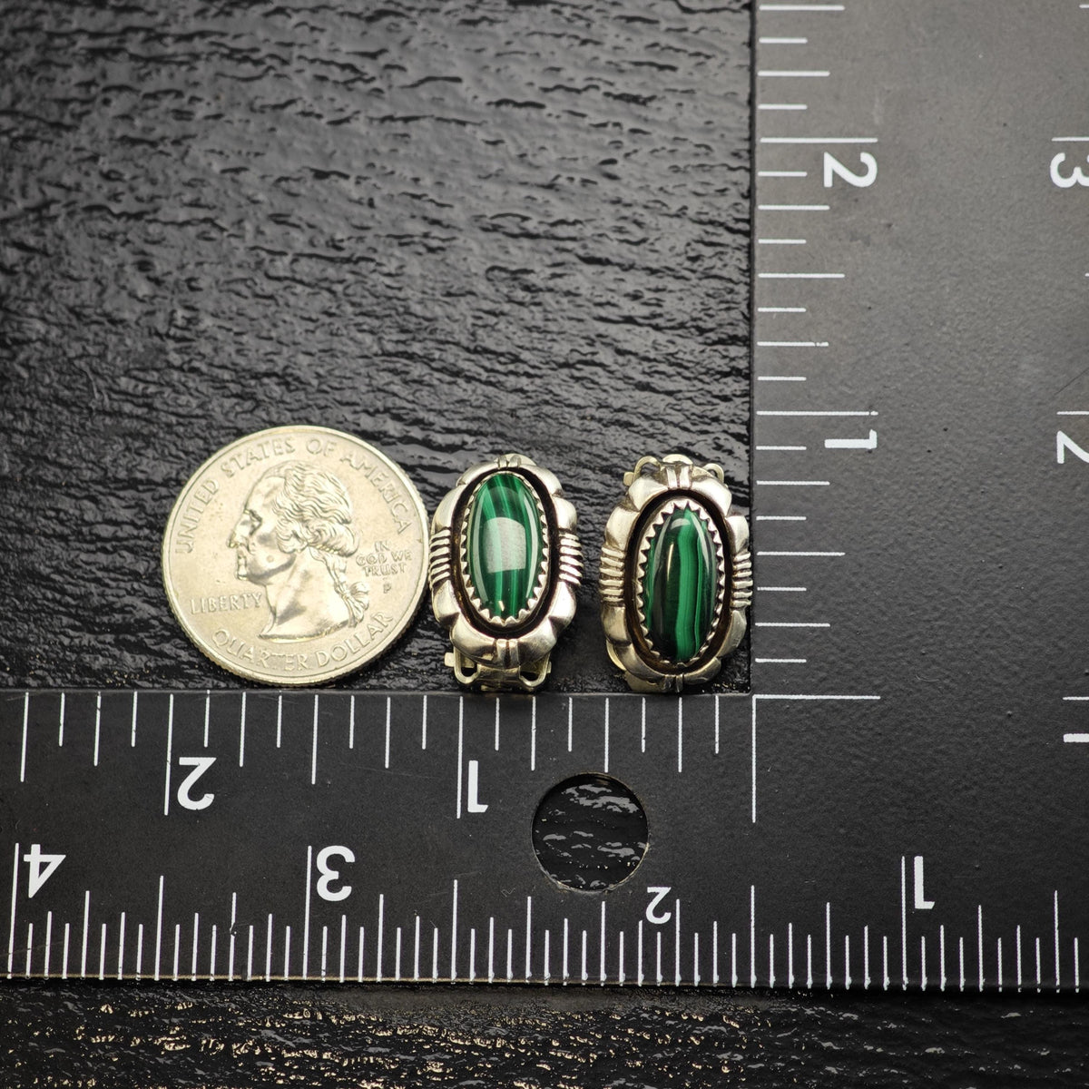 Vintage Native American Malachite Sterling Silver Clip On Earrings ER3216