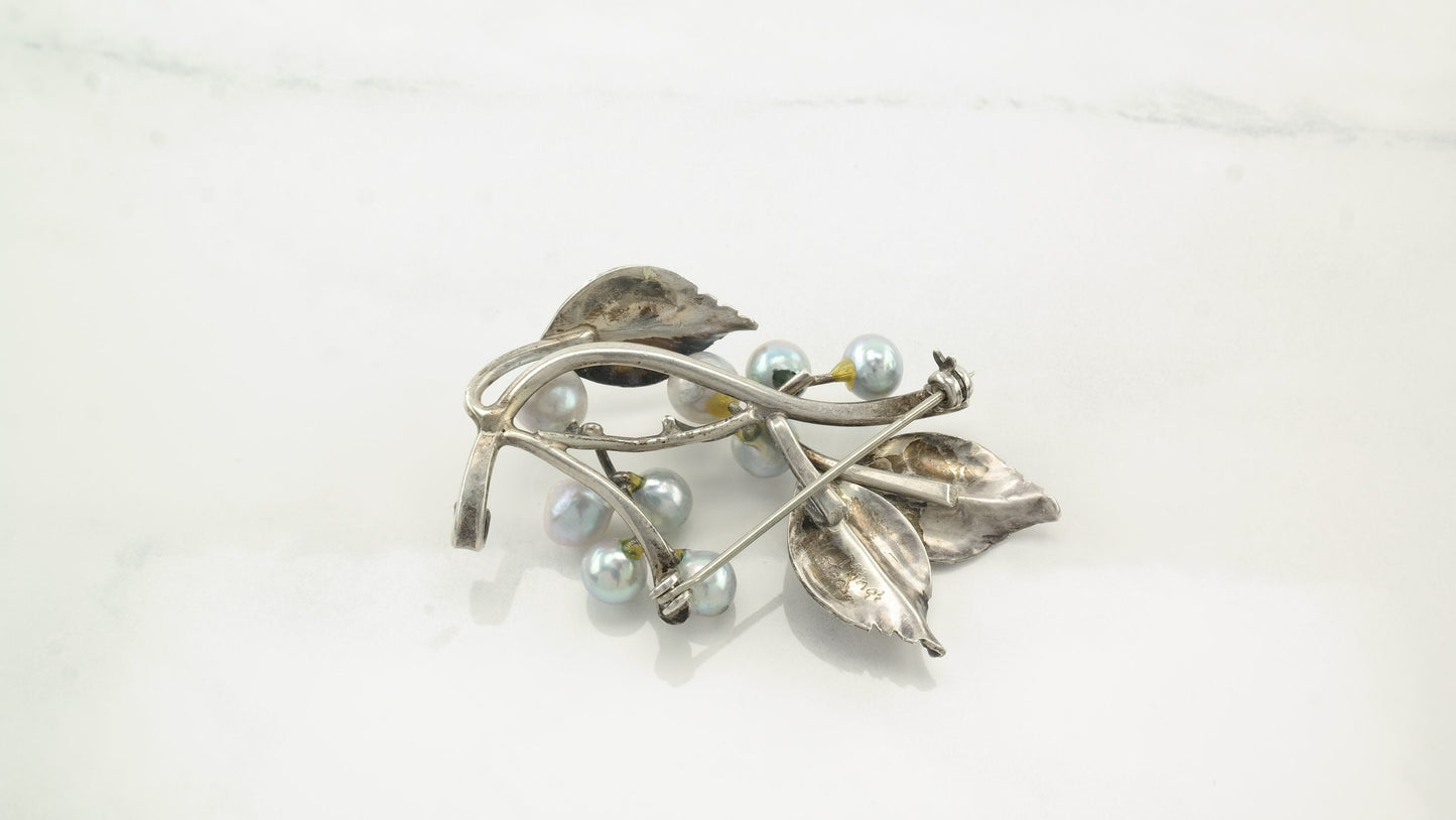Ming's Pearl Sterling Silver Brooch Floral Leaf
