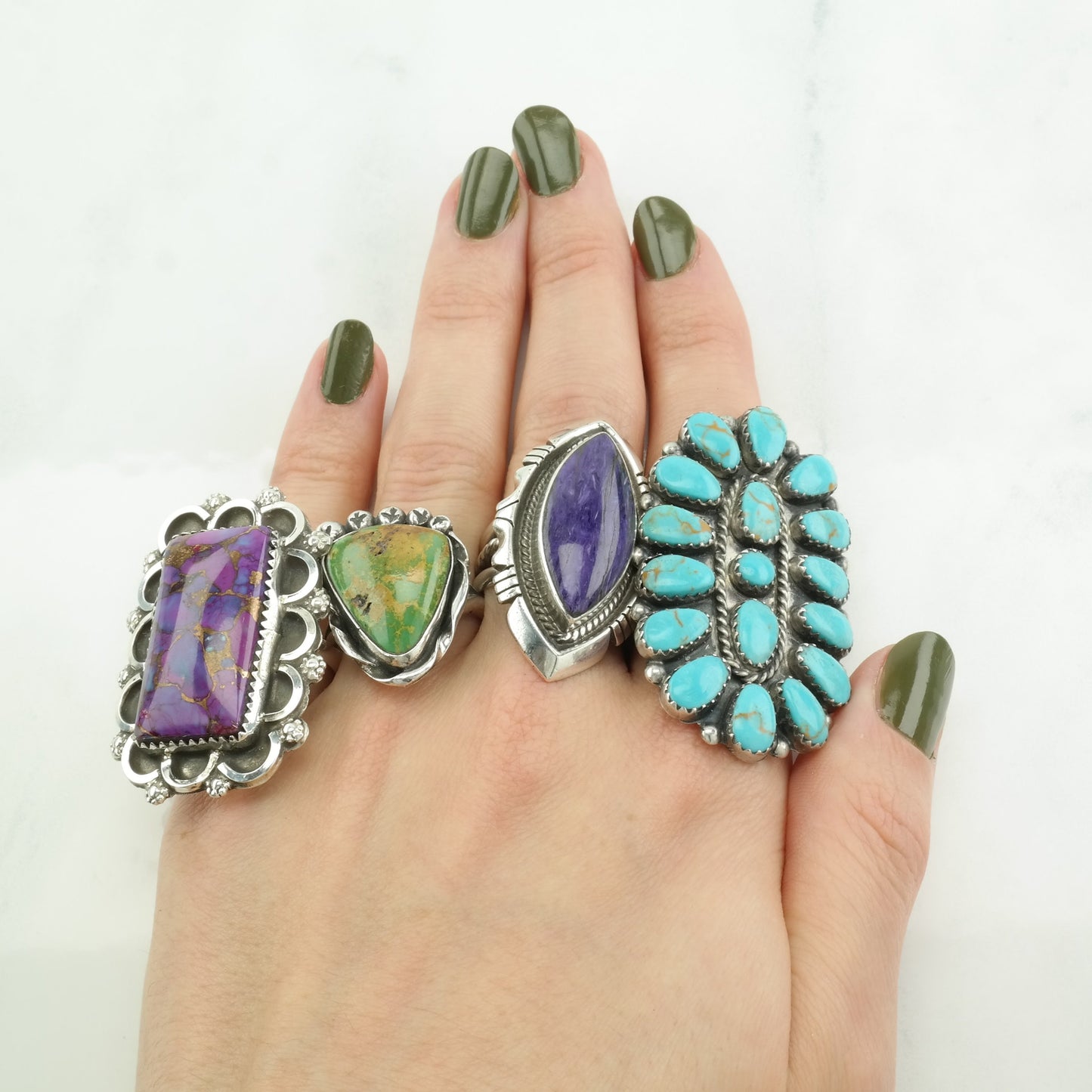 Vintage Southwest Silver Ring Purple Copper Dyed Turquoise Scallop Sterling Size 8