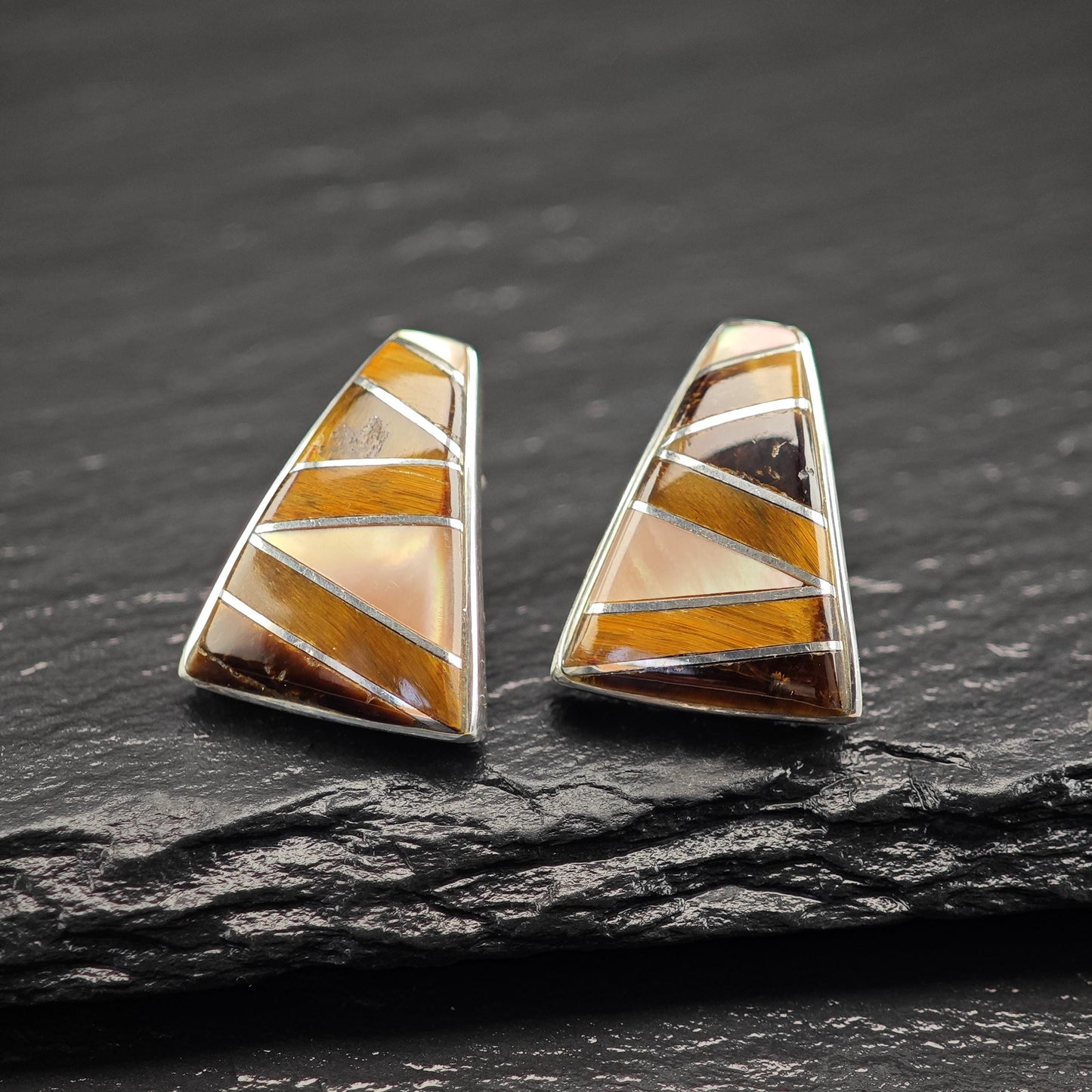 Brown, Translucent Tigers Eye, MOP Geometric, Inlay Stud Earrings Sterling Silver