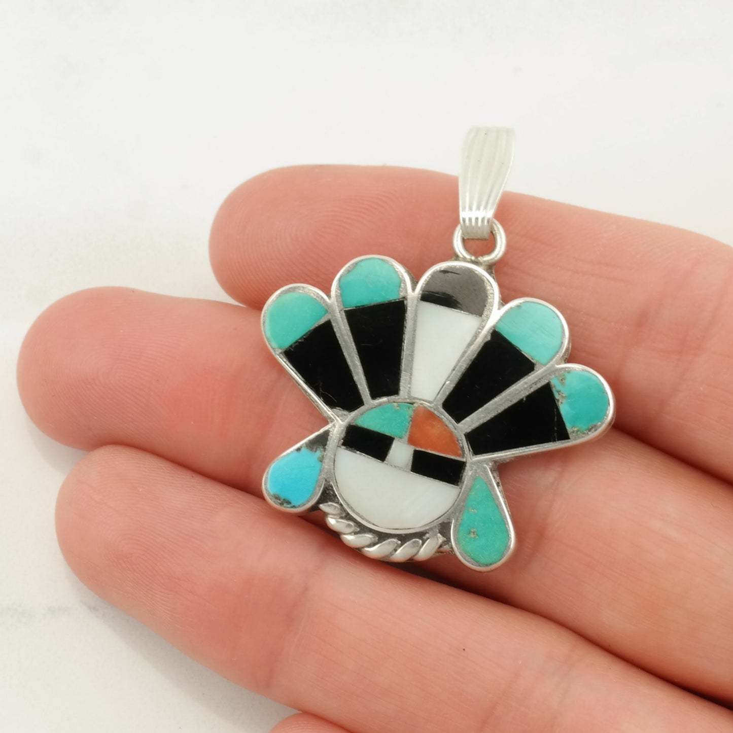Vintage Native American Multi Gemstone Inlay, Sunface Sterling Silver Pendant