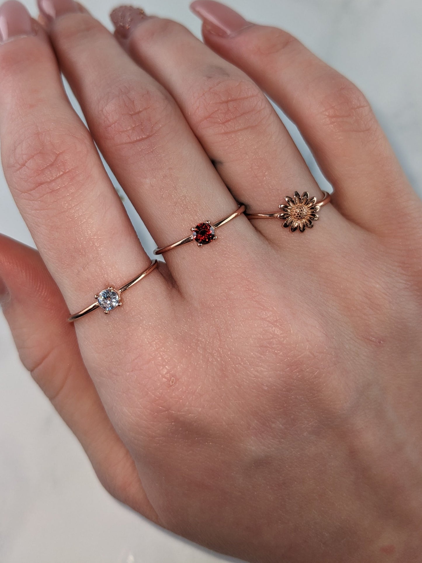 Vintage Minimalist Silver Ring CZ Round Sterling Red Blue Rose Gold Plated Size 6-8