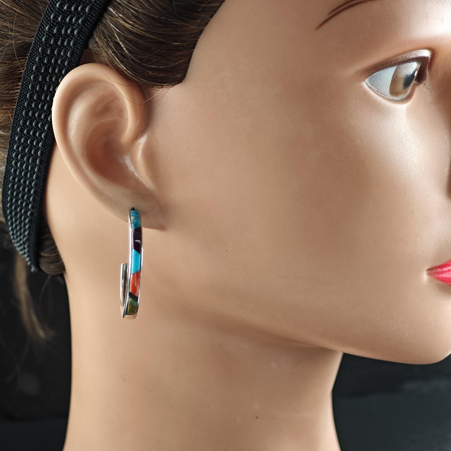 Southwest Turquoise, Coral Inlay Stud/Hoop Earrings Sterling Silver