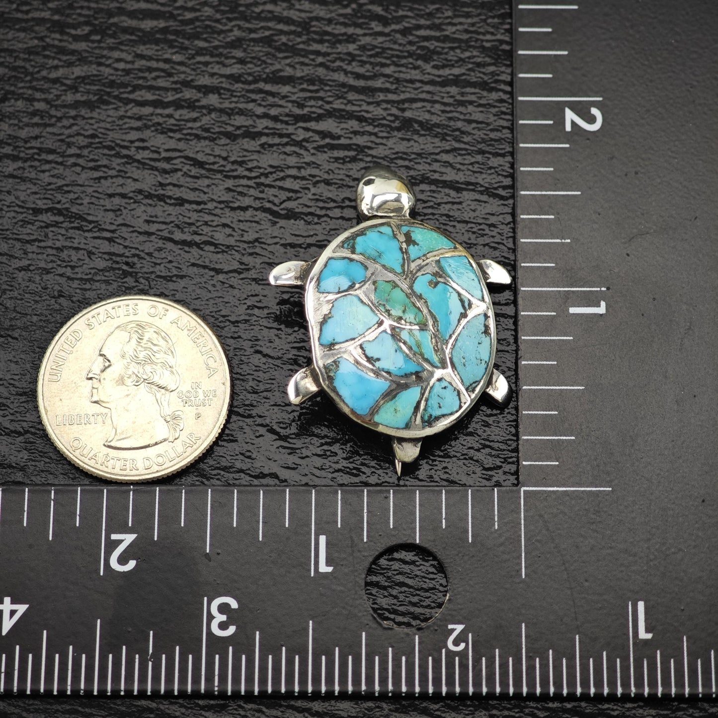 Zuni Sterling Silver Brooch Turtle, Inlay Blue Turquoise