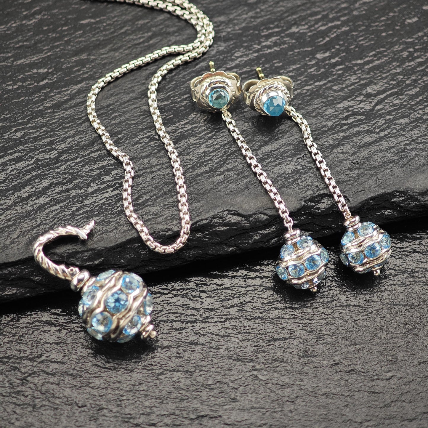 David Yurman Blue Topaz, 18K Gold Post Sterling Silver Earring/Necklace Set