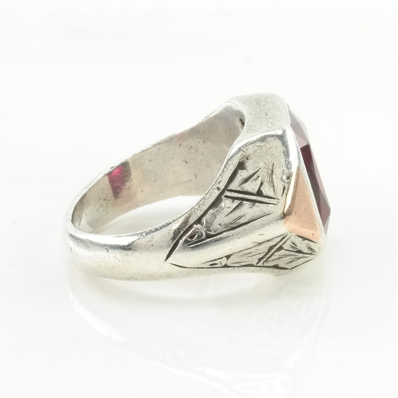 Art Deco Sterling Silver Ring Created Ruby Gold Accent Hand Engraved