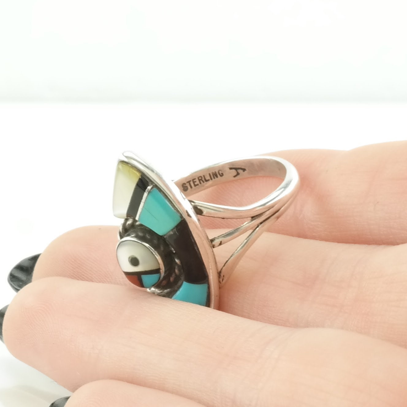 Vintage Zuni Silver Ring Turquoise, Onyx, MOP Inlay Sterling Size 7 1/2