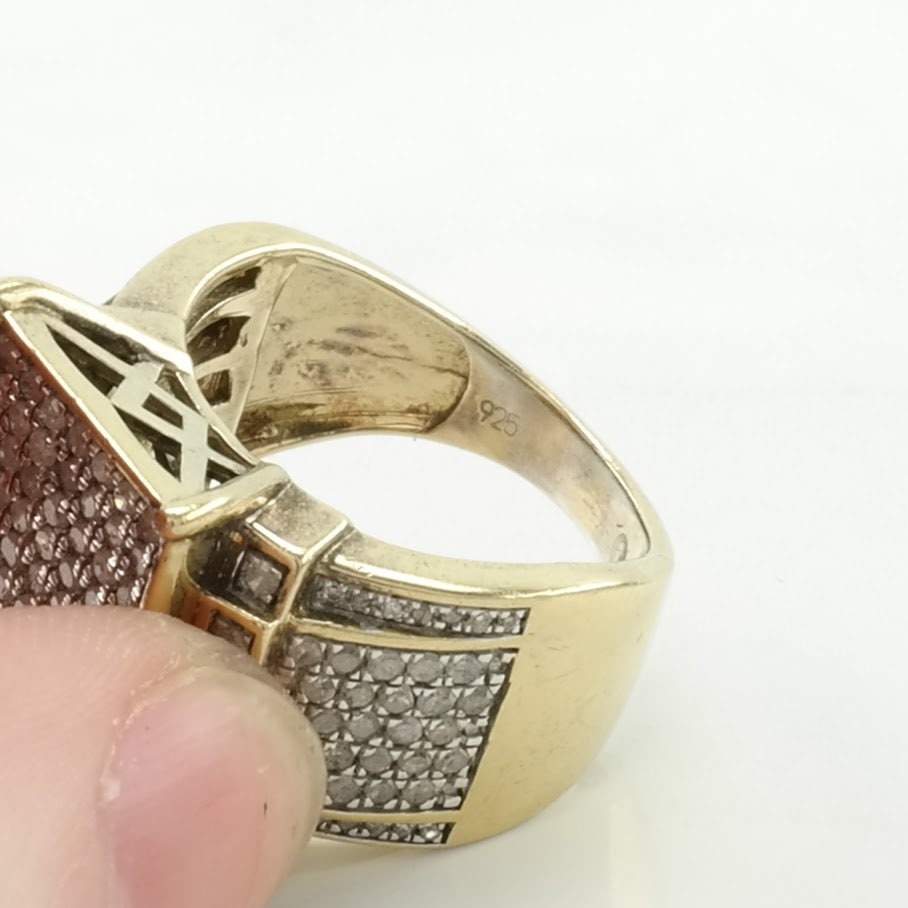 Vintage 1.5cttw Silver Ring Diamond Gold Toned, Pave Sterling Size 6