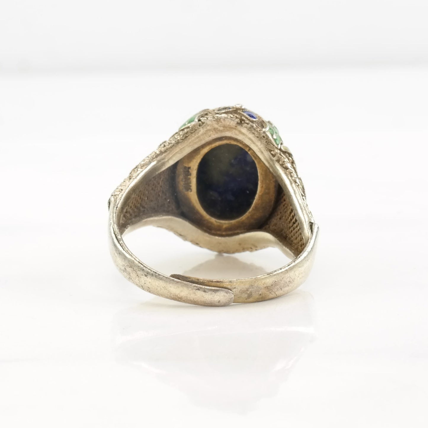 Antique Chinese Ring Lapis Lazuli Enamel, Chicken, Filigree Sterling Silver Size 9 - 9 1/2