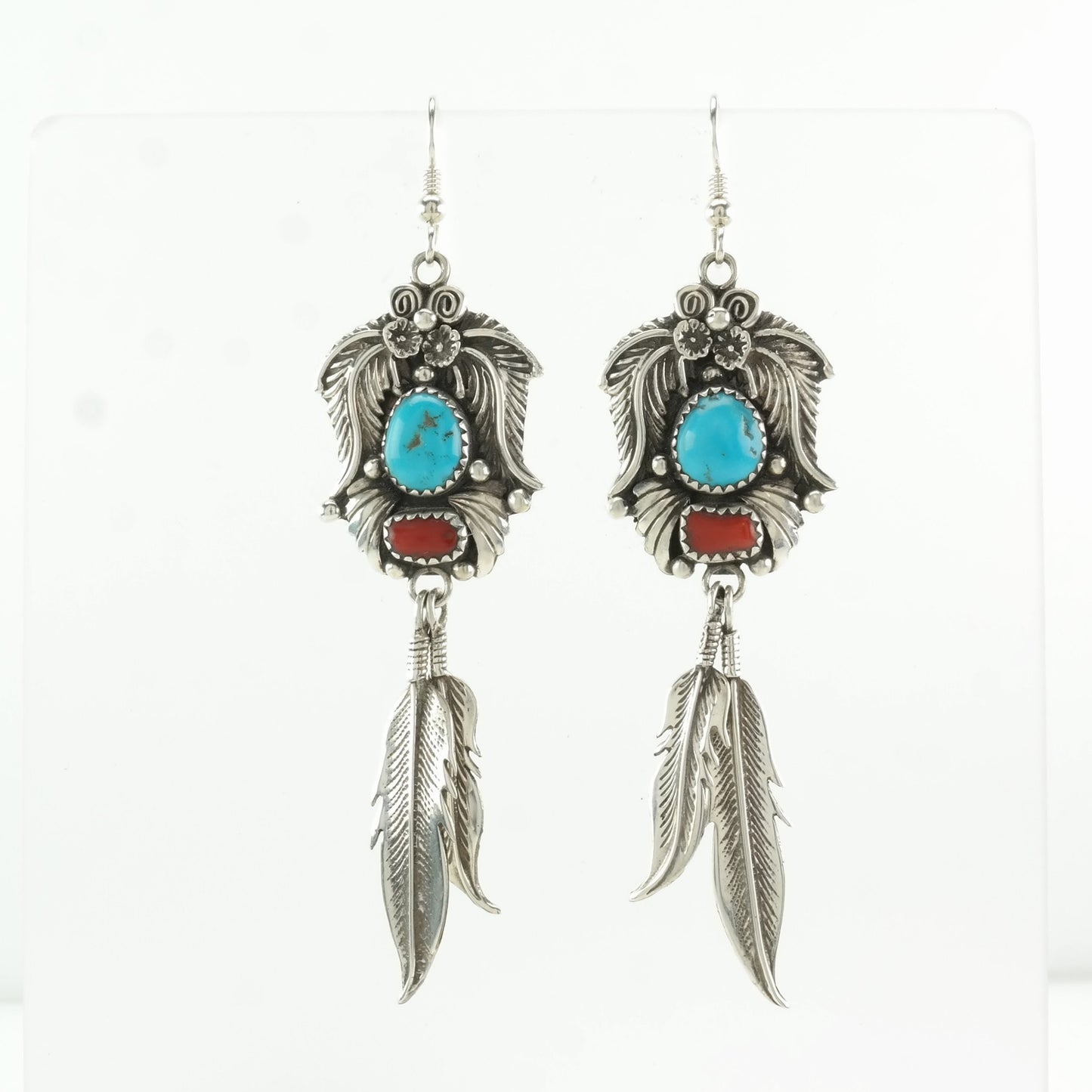 Native American Sterling Silver Turquoise, Coral Feather, Floral Earrings Fish hook