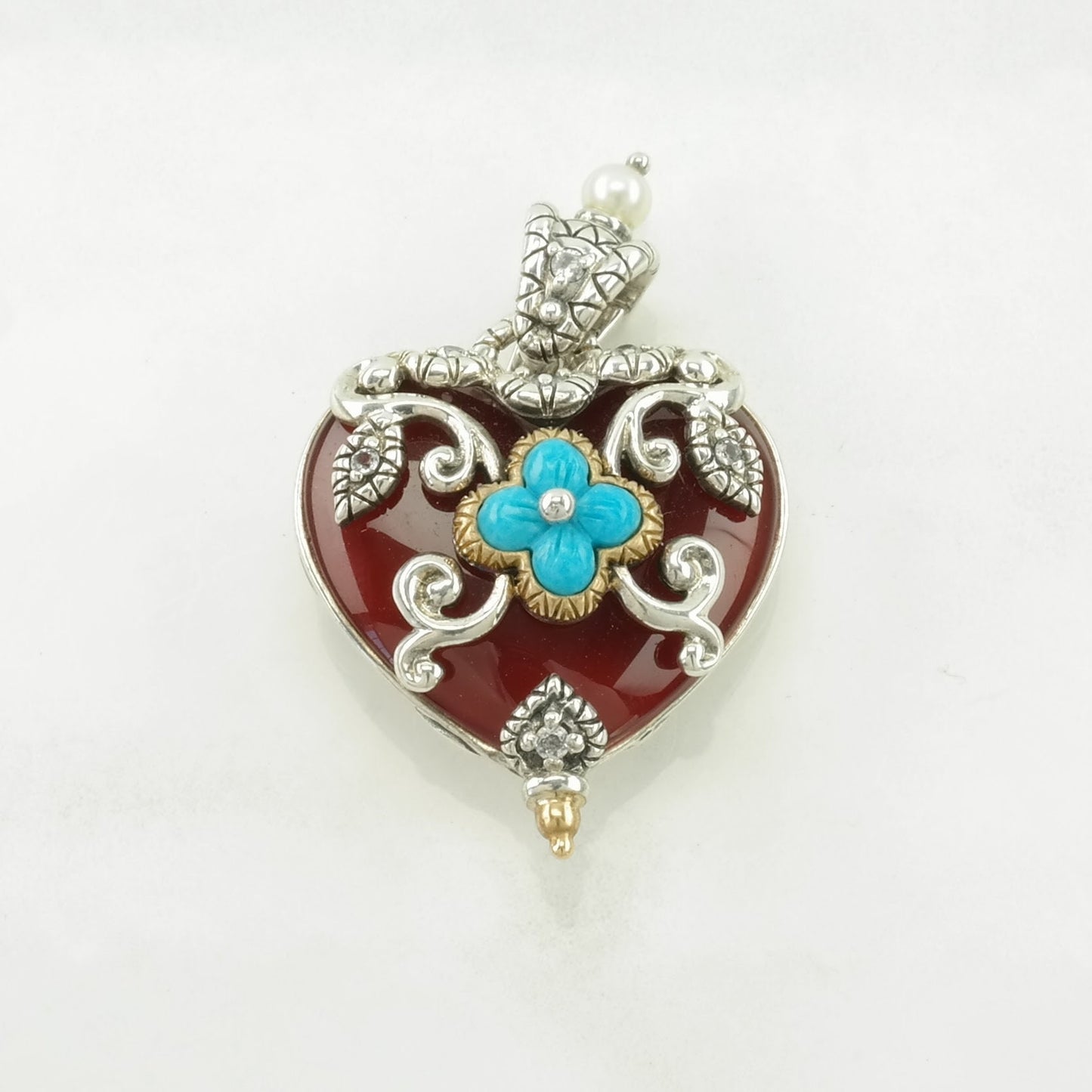 Vintage Barbara Bixby Carnelian, Turquoise, Pearl Heart, Floral Sterling Silver Pendant