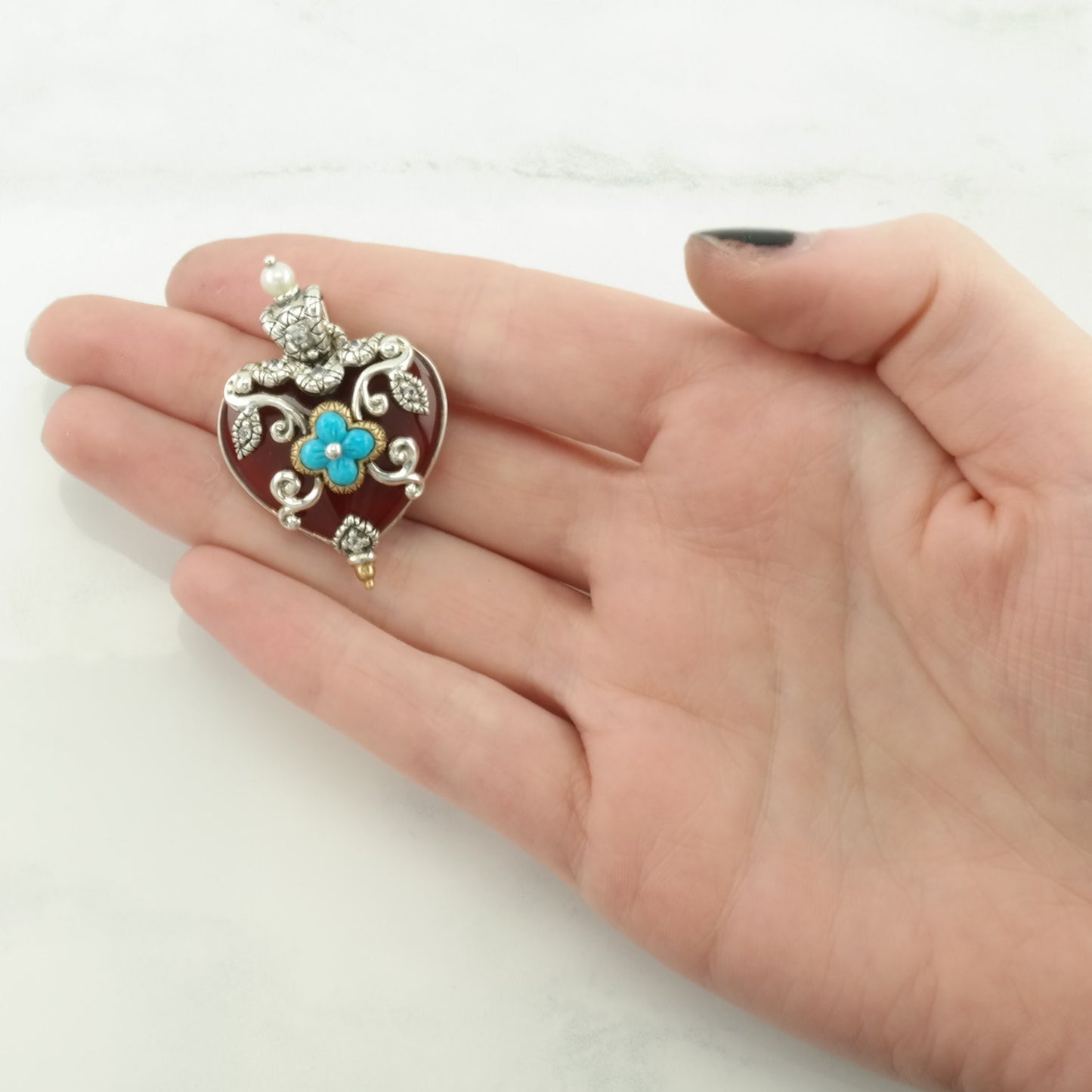 Vintage Barbara Bixby Carnelian, Turquoise, Pearl Heart, Floral Sterling Silver Pendant