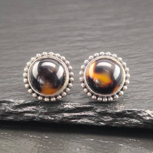 Vintage Brown Gemstone, Dome Sterling Silver Stud Earrings