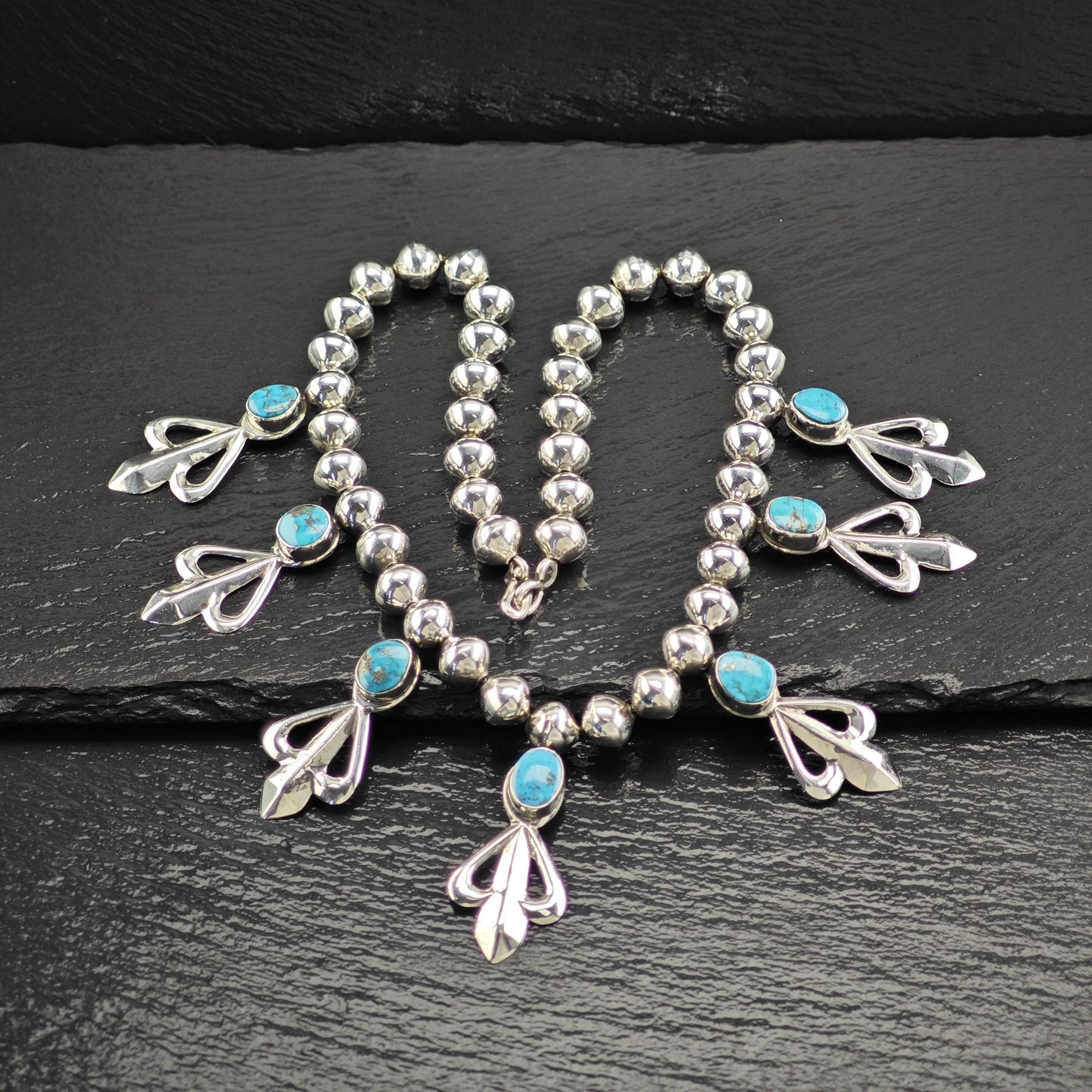 Native American Turquoise Beaded Necklace Earring Set - Sterling Silver Jewelry
